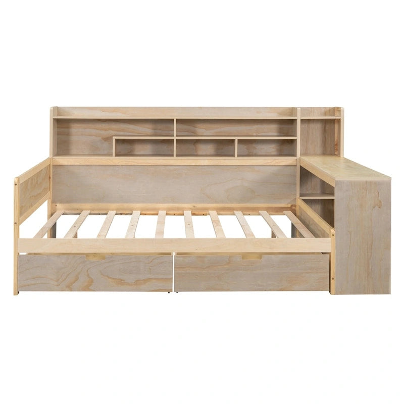 Wooden Multi-functional Daybed with Storage Shelves, 2 Storage Drawers and Study Desk