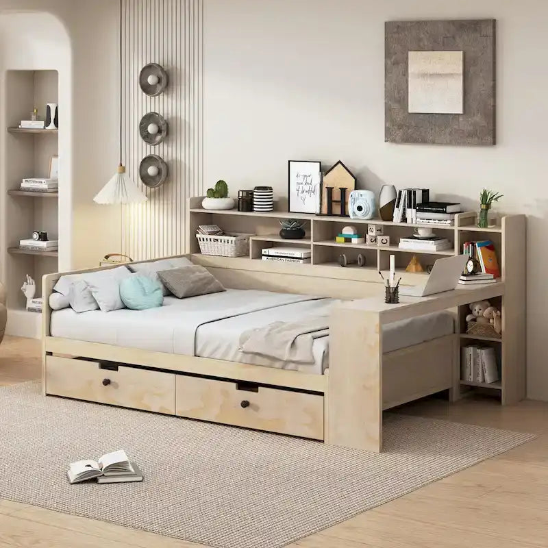 Wooden Multi-functional Daybed with Storage Shelves, 2 Storage Drawers and Study Desk