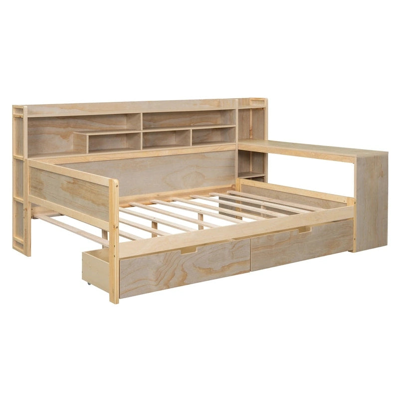 Wooden Multi-functional Daybed with Storage Shelves, 2 Storage Drawers and Study Desk