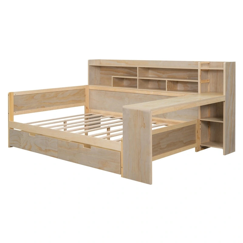 Wooden Multi-functional Daybed with Storage Shelves, 2 Storage Drawers and Study Desk