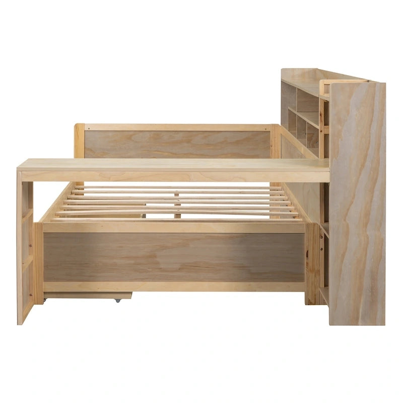 Wooden Multi-functional Daybed with Storage Shelves, 2 Storage Drawers and Study Desk