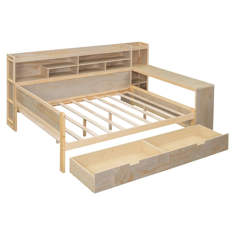 Wooden Multi-functional Daybed with Storage Shelves, 2 Storage Drawers and Study Desk
