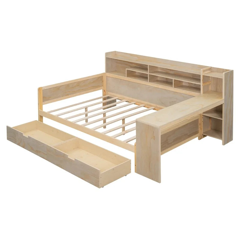 Wooden Multi-functional Daybed with Storage Shelves, 2 Storage Drawers and Study Desk