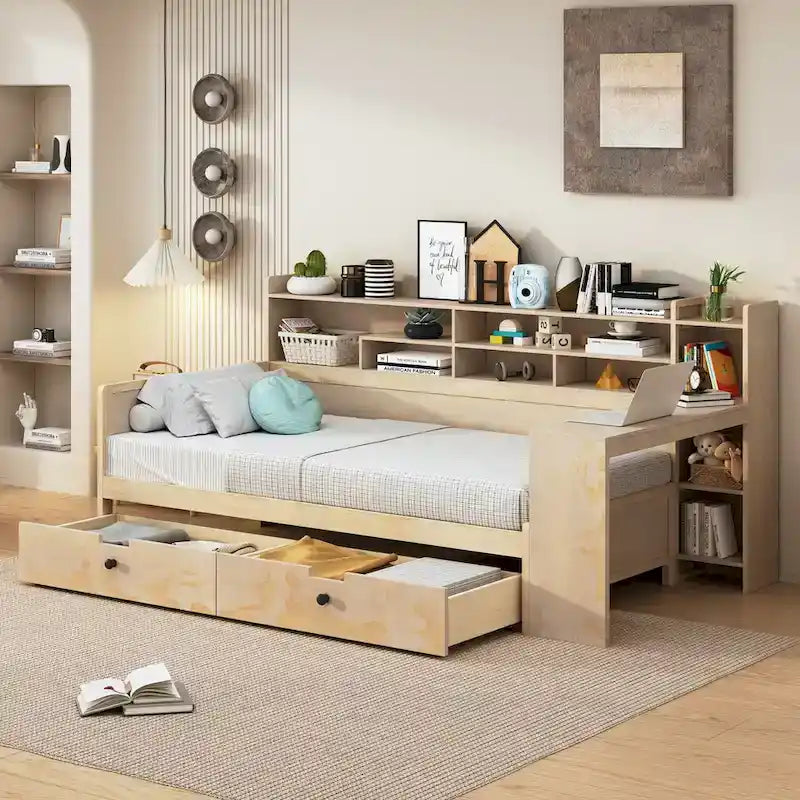 Wooden Multi-functional Daybed with Storage Shelves, 2 Storage Drawers and Study Desk