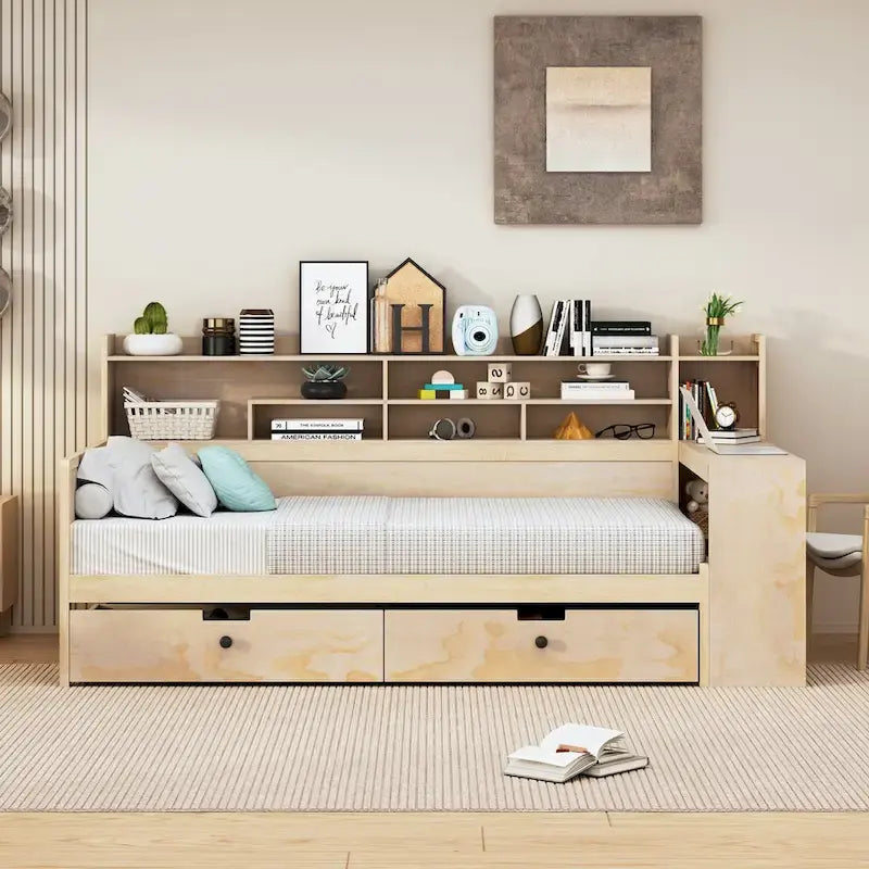 Wooden Multi-functional Daybed with Storage Shelves, 2 Storage Drawers and Study Desk