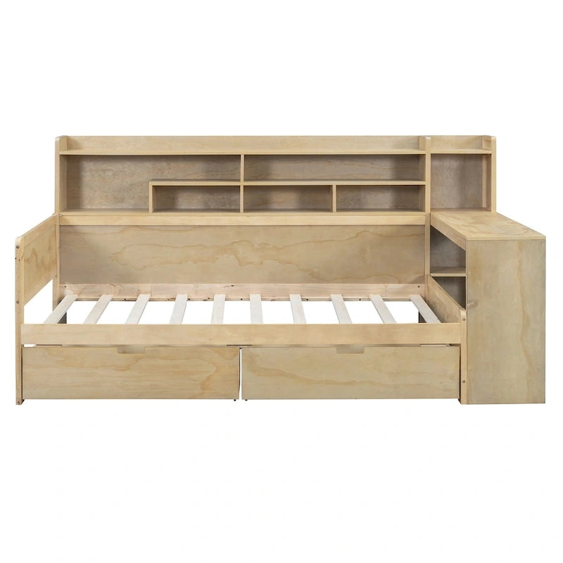 Wooden Multi-functional Daybed with Storage Shelves, 2 Storage Drawers and Study Desk