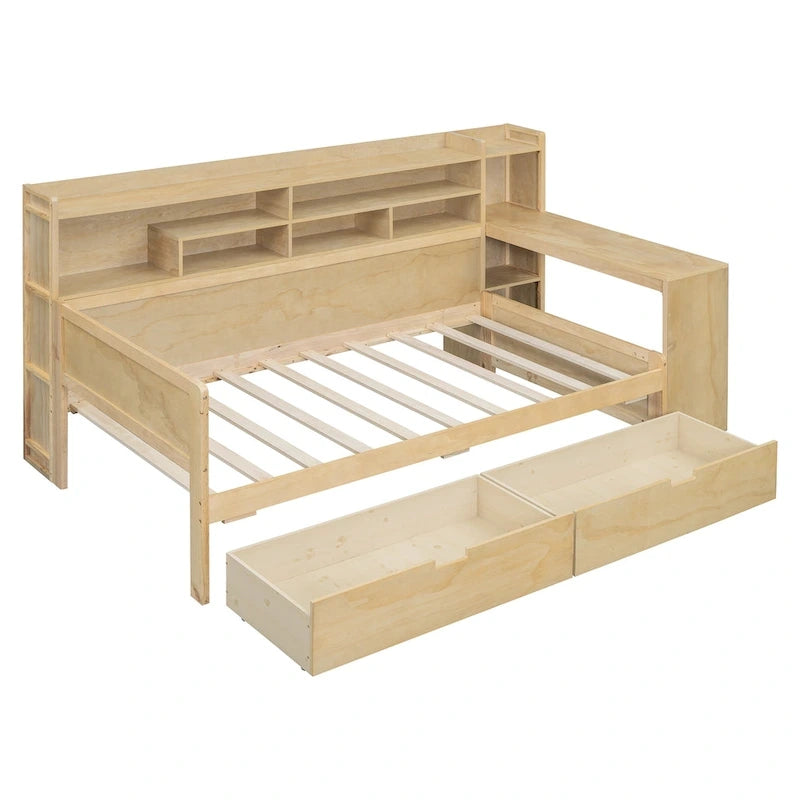 Wooden Multi-functional Daybed with Storage Shelves, 2 Storage Drawers and Study Desk
