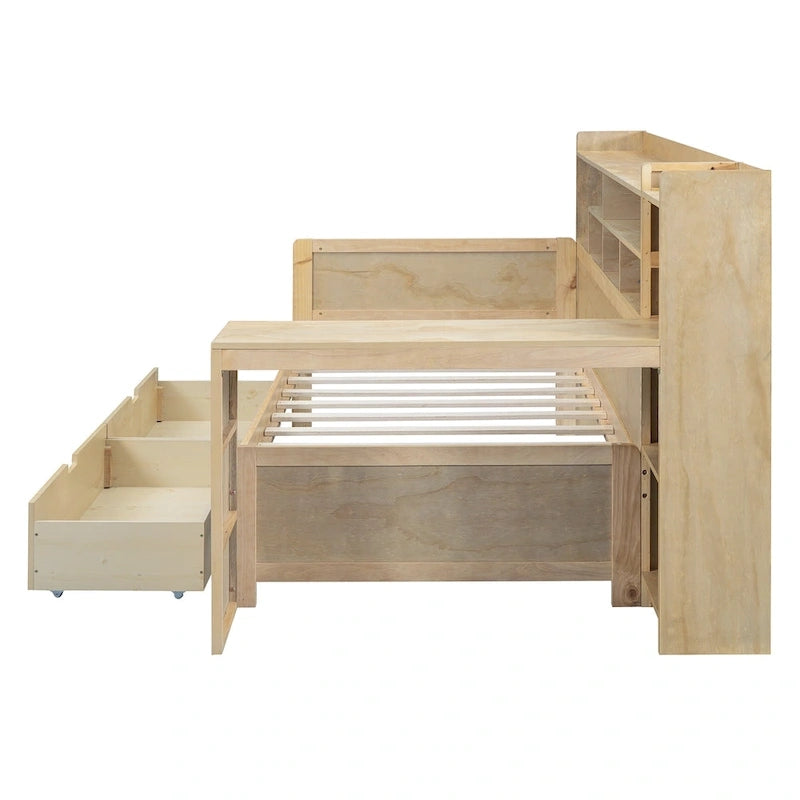 Wooden Multi-functional Daybed with Storage Shelves, 2 Storage Drawers and Study Desk