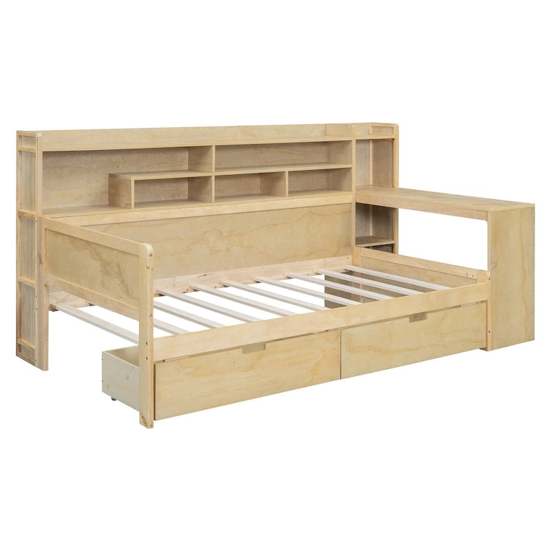 Wooden Multi-functional Daybed with Storage Shelves, 2 Storage Drawers and Study Desk