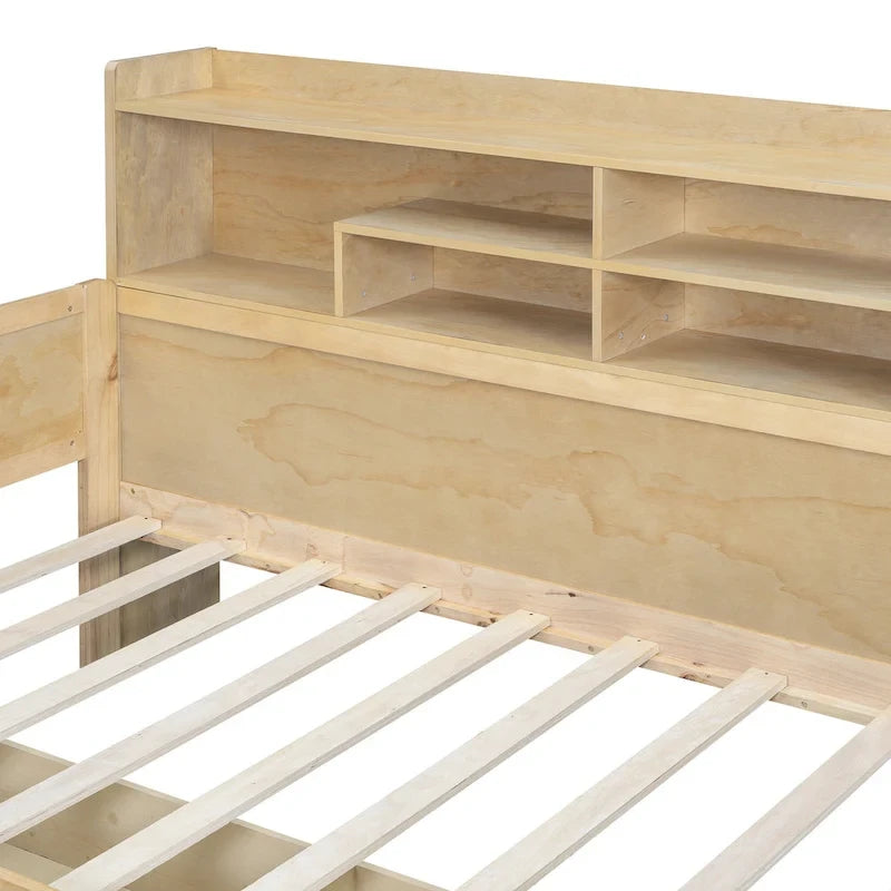 Wooden Multi-functional Daybed with Storage Shelves, 2 Storage Drawers and Study Desk