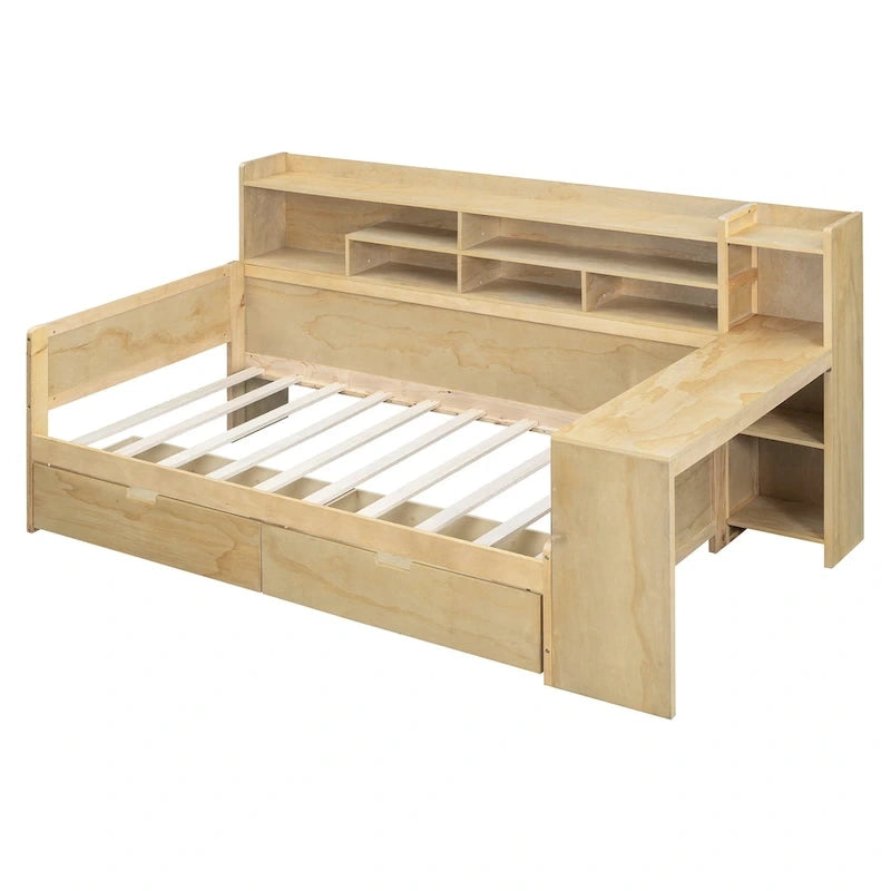 Wooden Multi-functional Daybed with Storage Shelves, 2 Storage Drawers and Study Desk