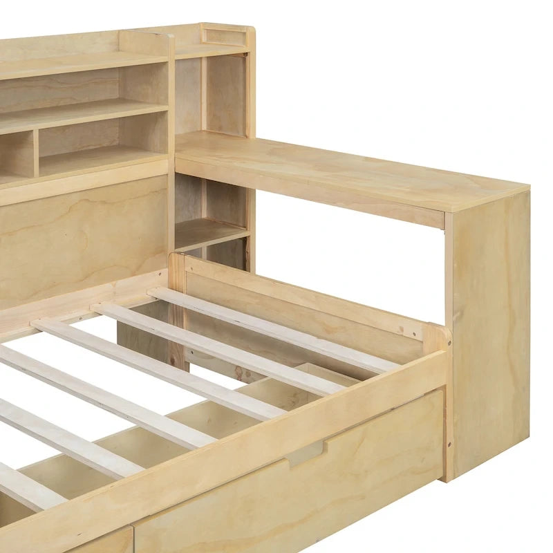 Wooden Multi-functional Daybed with Storage Shelves, 2 Storage Drawers and Study Desk