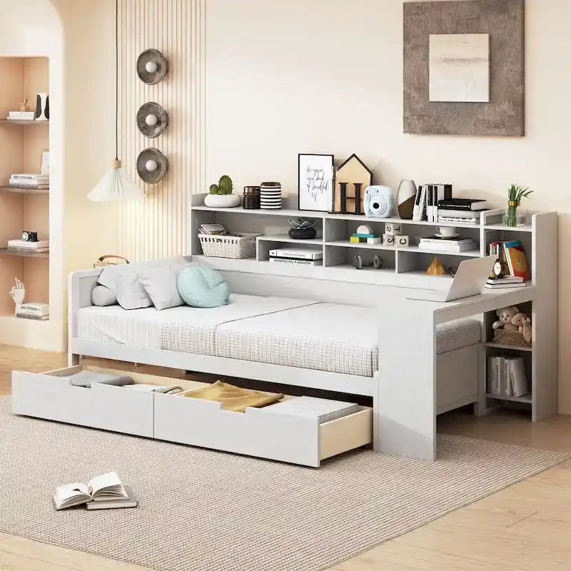 Wooden Multi-functional Daybed with Storage Shelves, 2 Storage Drawers and Study Desk