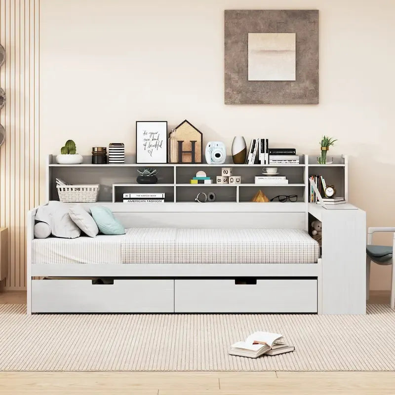 Wooden Multi-functional Daybed with Storage Shelves, 2 Storage Drawers and Study Desk