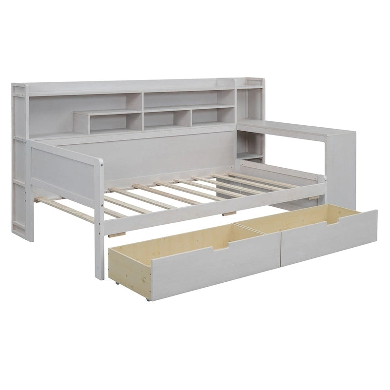 Wooden Multi-functional Daybed with Storage Shelves, 2 Storage Drawers and Study Desk