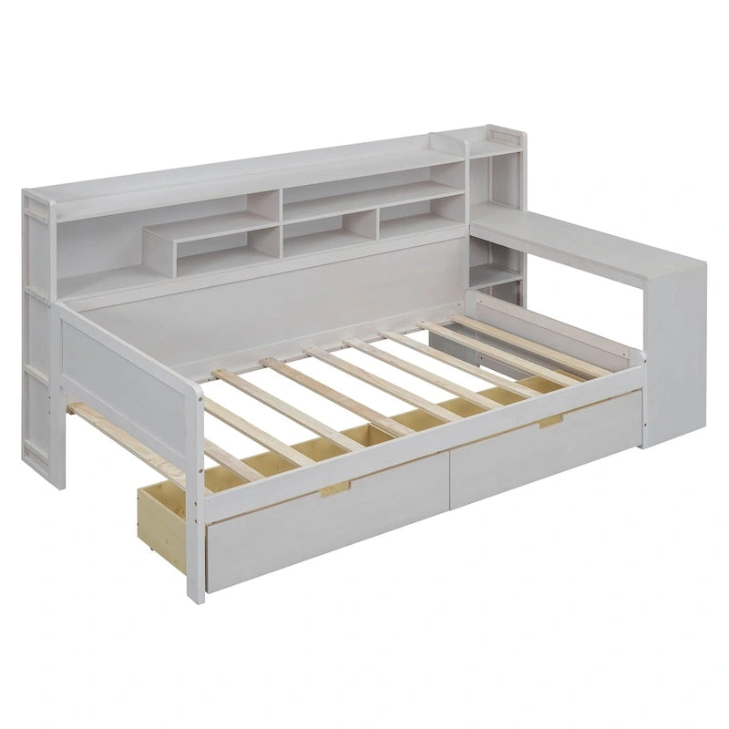 Wooden Multi-functional Daybed with Storage Shelves, 2 Storage Drawers and Study Desk