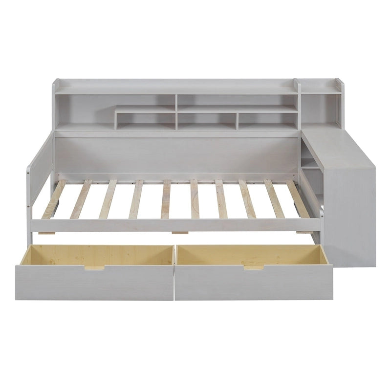 Wooden Multi-functional Daybed with Storage Shelves, 2 Storage Drawers and Study Desk
