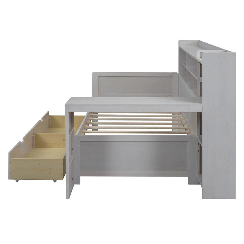 Wooden Multi-functional Daybed with Storage Shelves, 2 Storage Drawers and Study Desk