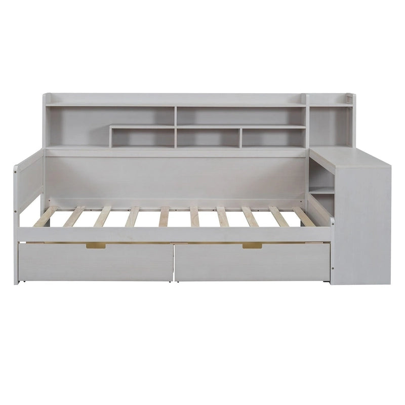 Wooden Multi-functional Daybed with Storage Shelves, 2 Storage Drawers and Study Desk