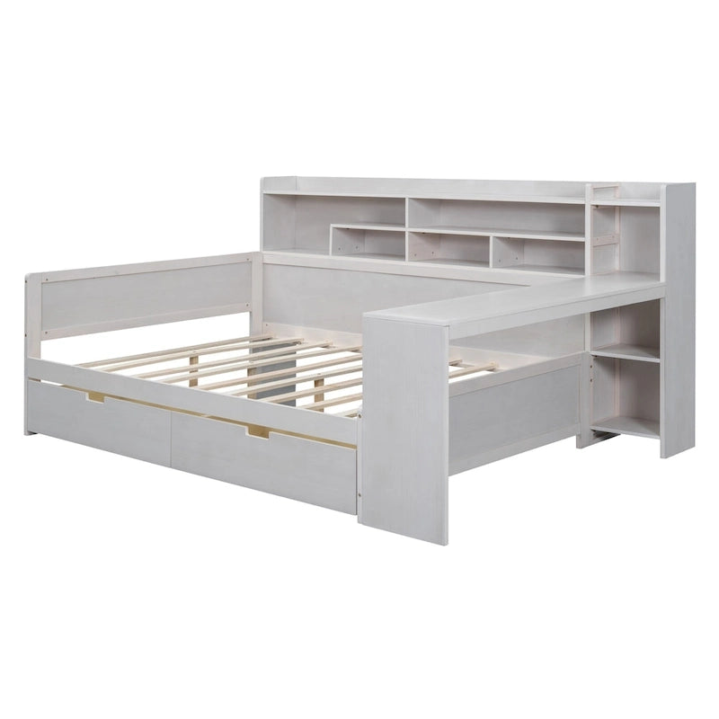 Wooden Multi-functional Daybed with Storage Shelves, 2 Storage Drawers and Study Desk