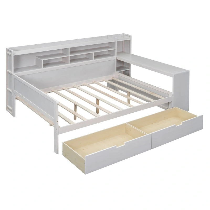 Wooden Multi-functional Daybed with Storage Shelves, 2 Storage Drawers and Study Desk