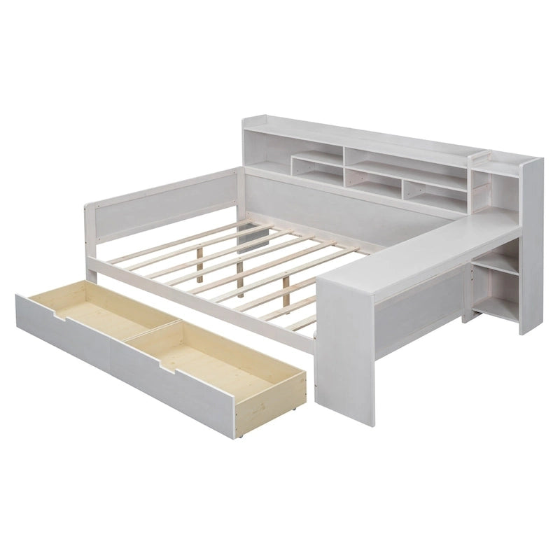 Wooden Multi-functional Daybed with Storage Shelves, 2 Storage Drawers and Study Desk