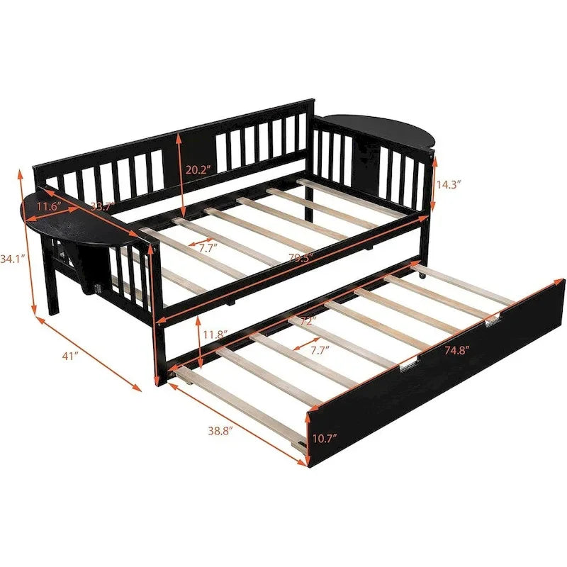 Twin Wooden Daybed with Trundle Bed, Sofa Bed for Bedroom or Living Room