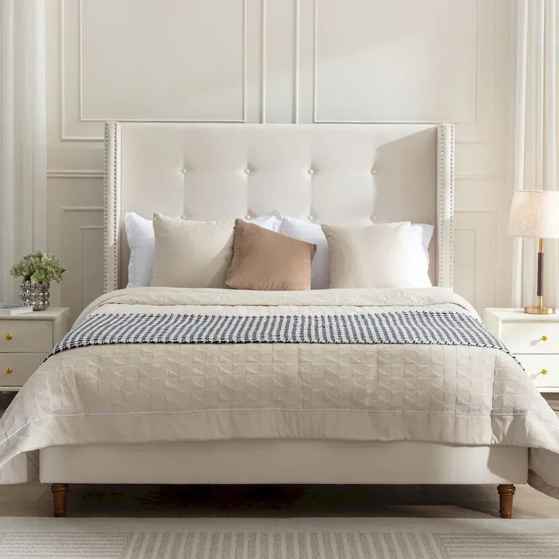 CUSchoice 54  High Headboard Upholstered Queen/King Bed (No Box Spring Needed)