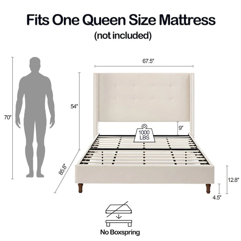 CUSchoice 54  High Headboard Upholstered Queen/King Bed (No Box Spring Needed)
