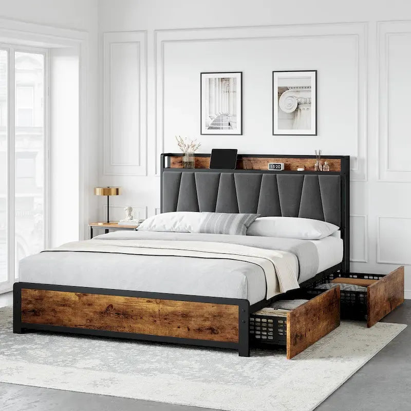 Bed Frame with 4 Storage Drawers and Linen Upholstered Headboard