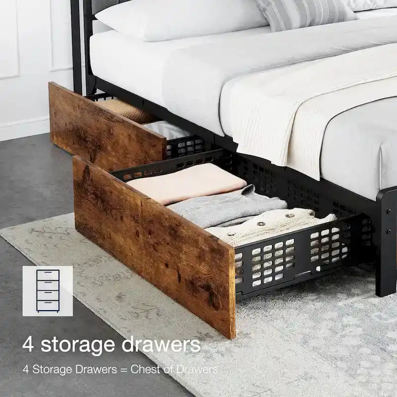 Bed Frame with 4 Storage Drawers and Linen Upholstered Headboard