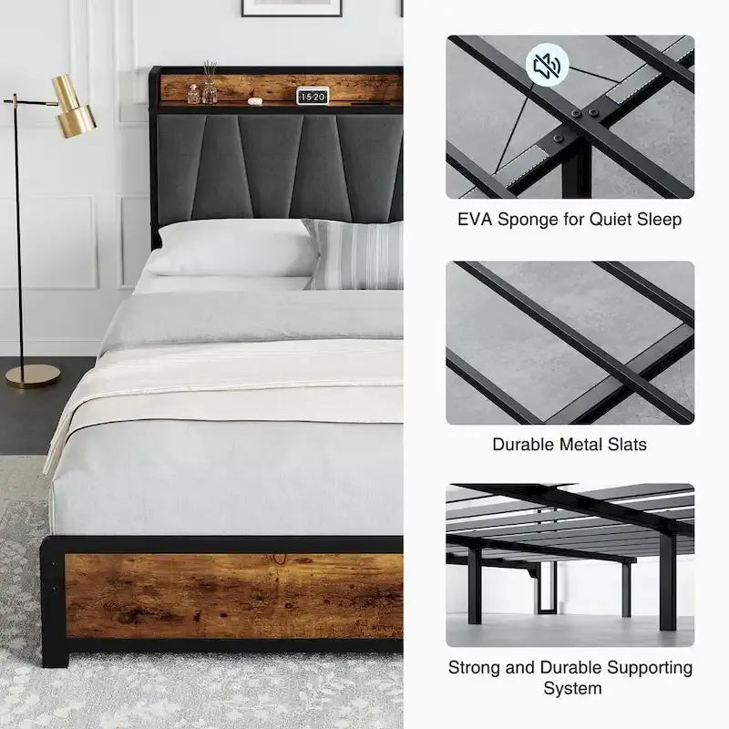 Bed Frame with 4 Storage Drawers and Linen Upholstered Headboard