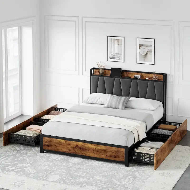 Bed Frame with 4 Storage Drawers and Linen Upholstered Headboard
