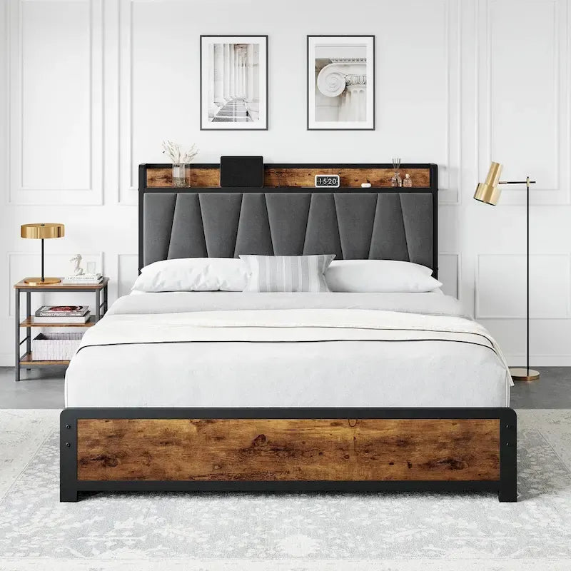 Bed Frame with 4 Storage Drawers and Linen Upholstered Headboard