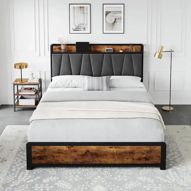 Bed Frame with 4 Storage Drawers and Linen Upholstered Headboard