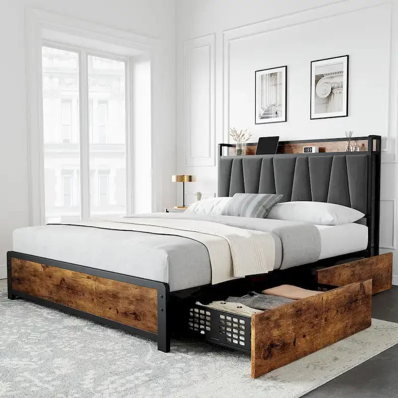 Bed Frame with 4 Storage Drawers and Linen Upholstered Headboard