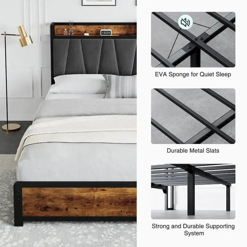 Bed Frame with 4 Storage Drawers and Linen Upholstered Headboard
