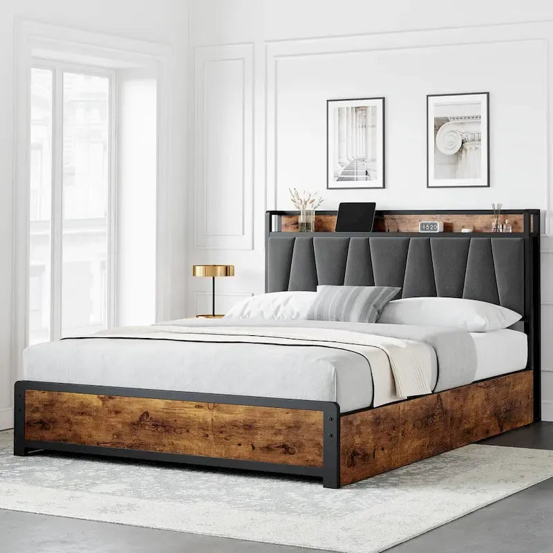Bed Frame with 4 Storage Drawers and Linen Upholstered Headboard