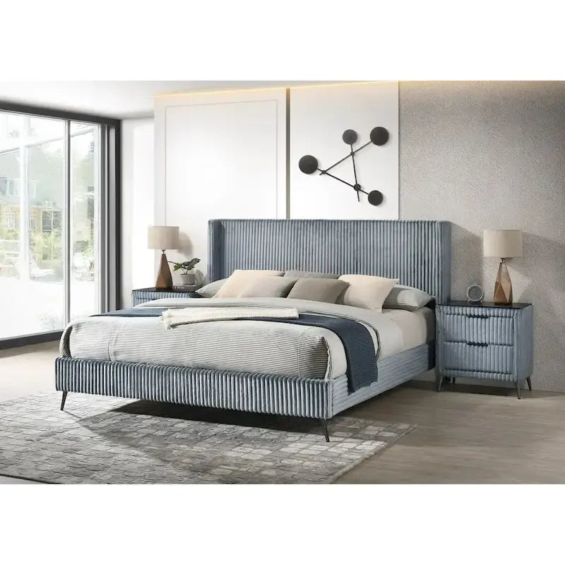 Roundhill Furniture Mavela Wide Wale Corduroy Upholstery Bed with 2 Nightstands, Blue