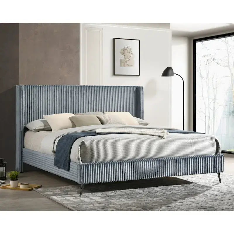Roundhill Furniture Mavela Wide Wale Corduroy Upholstery Bed with 2 Nightstands, Blue