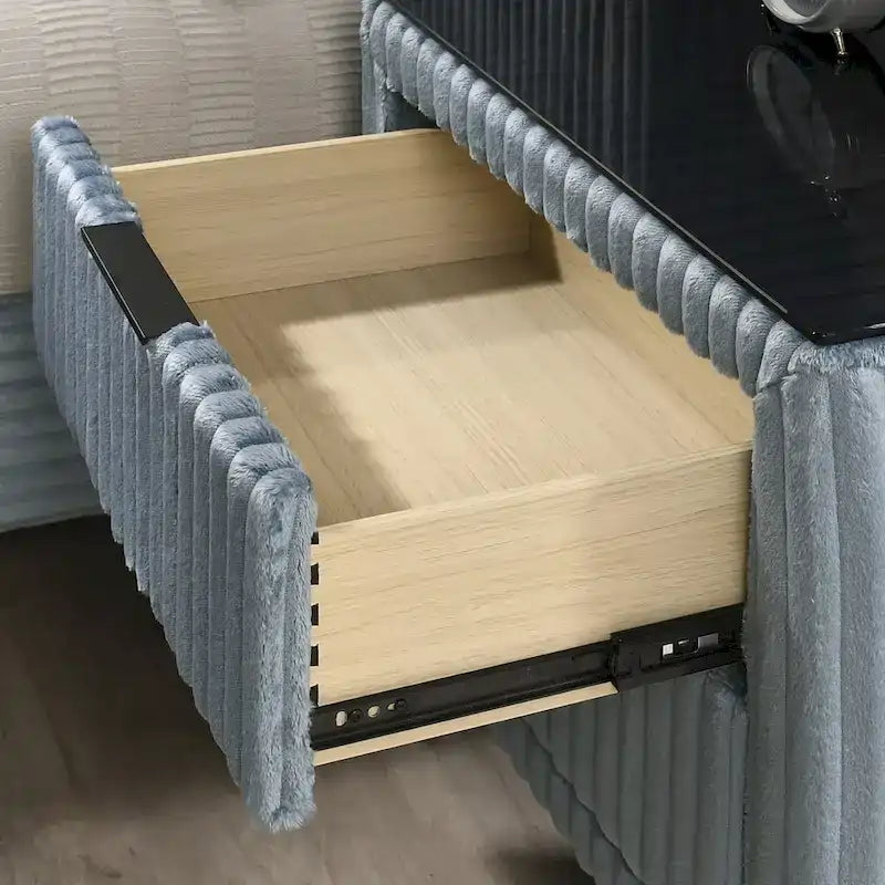 Roundhill Furniture Mavela Wide Wale Corduroy Upholstery Bed with 2 Nightstands, Blue