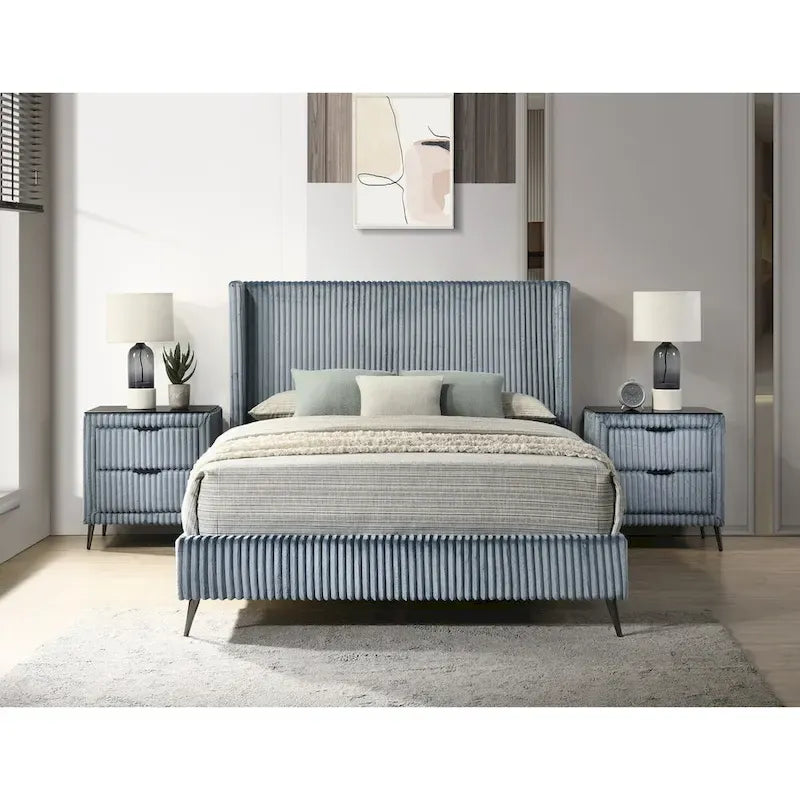 Roundhill Furniture Mavela Wide Wale Corduroy Upholstery Bed with 2 Nightstands, Blue