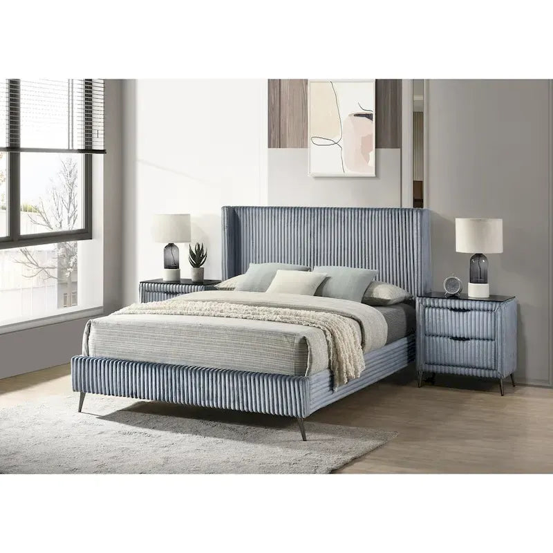Roundhill Furniture Mavela Wide Wale Corduroy Upholstery Bed with 2 Nightstands, Blue