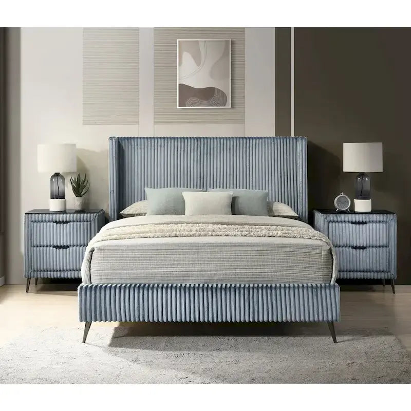 Roundhill Furniture Mavela Wide Wale Corduroy Upholstery Bed with 2 Nightstands, Blue