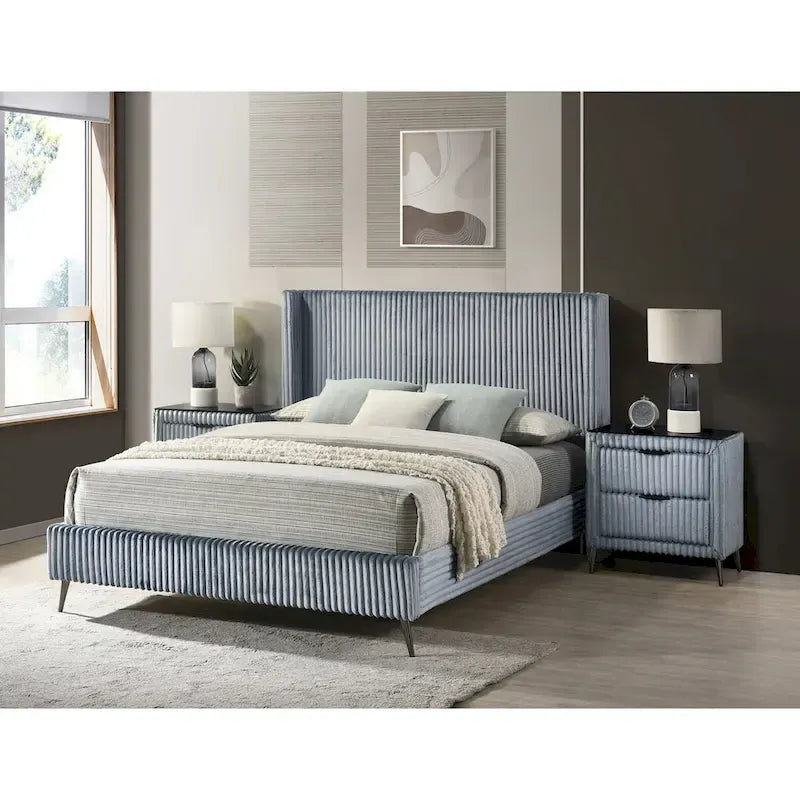 Roundhill Furniture Mavela Wide Wale Corduroy Upholstery Bed with 2 Nightstands, Blue