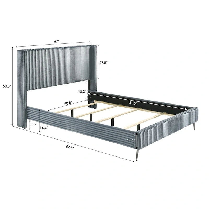 Roundhill Furniture Mavela Wide Wale Corduroy Upholstery Bed with 2 Nightstands, Blue