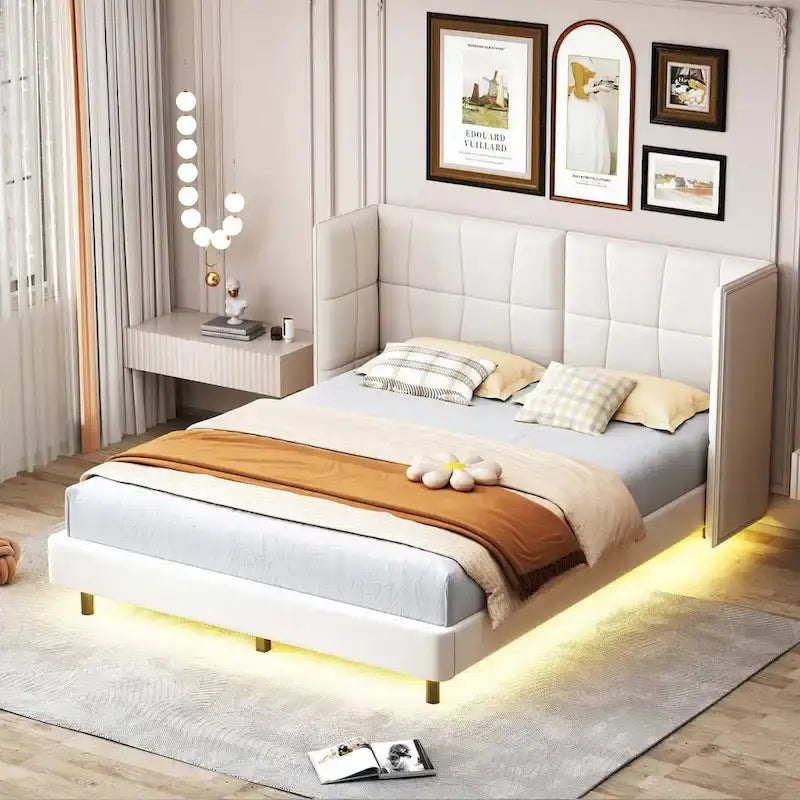 Upholstered Platform Bed with LED Lights and U-Shaped Headboard