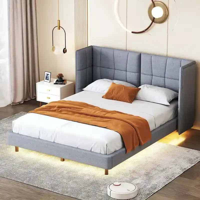 Upholstered Platform Bed with LED Lights and U-Shaped Headboard
