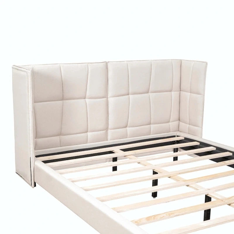 Upholstered Platform Bed with LED Lights and U-Shaped Headboard