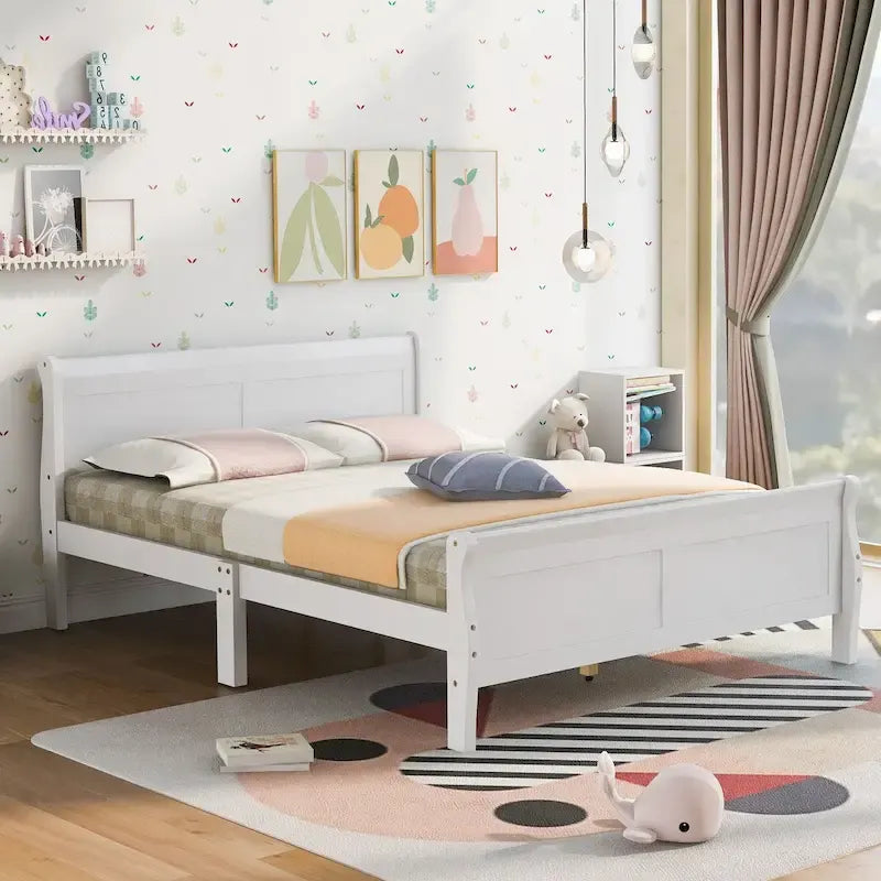 Full Size Wood Platform Bed with Headboard & Slat Support, Minimalist Design for Bedroom